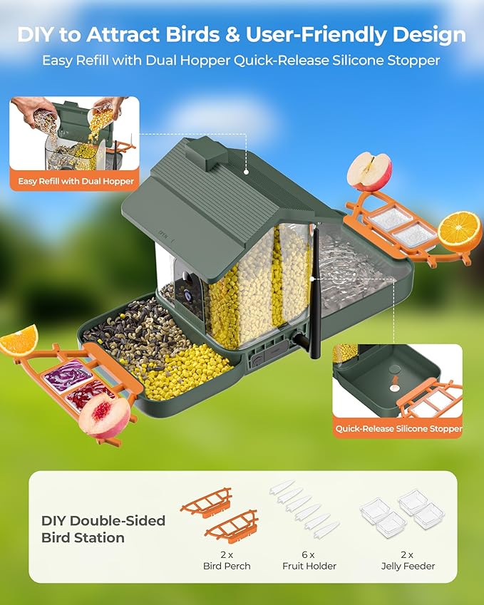 2-in-1 Bird Bath and Bird Feeder with Cameras Solar Powered 2K Dual Cameras Birds Feeder and Bath for Outside Yard Garden, Gift for Dad Mom Kids (Dark Green + Orange)