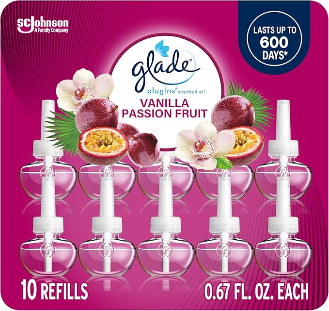 Glade PlugIns Refills Air Freshener, Vanilla Passion Fruit, Scented and Essential Oils for Home and Bathroom, 0.67 Fl Oz, 10 Count