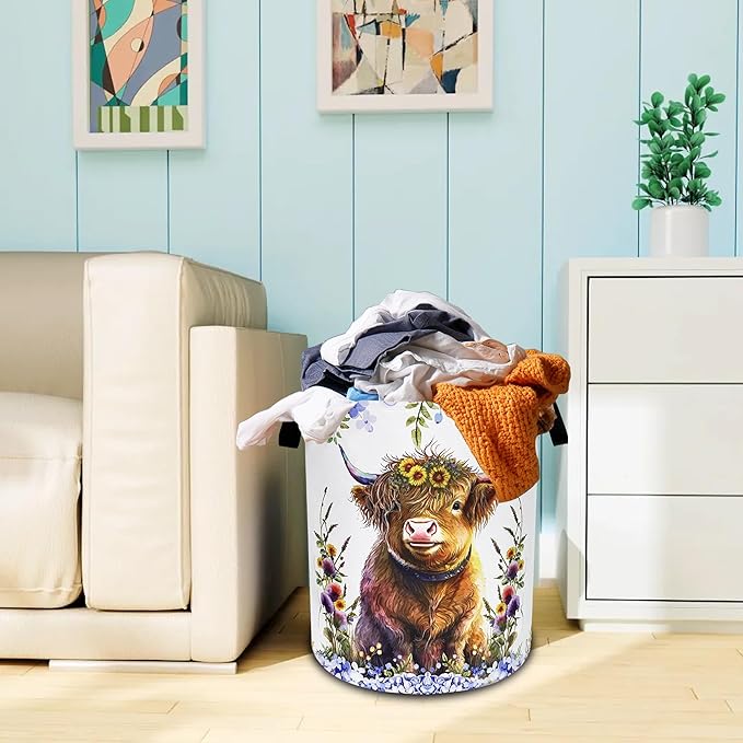 Highland Cow Laundry Basket Oxford Cloth Cattle Flowers Laundry Hamper With Handle Foldable Portable Clothes Storage Basket 18.9 X 16.5 Inch Storage Bag For Laundry Room/Bathroom/Bedroom/Dormitories