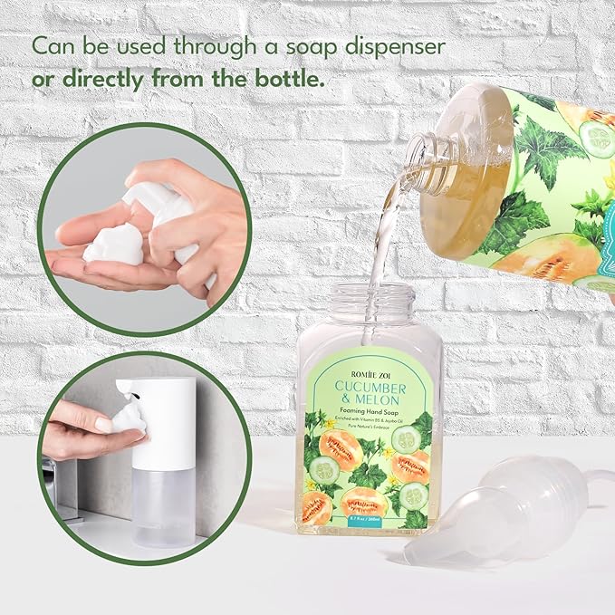 ROMIIE ZOI Natural Cucumber&Melon Foaming Hand Soap Refills 3-Pack (33.8 Fl Oz Each) with Dispenser - Plant-Based, Non-Toxic, Large Volume for Kitchen, Bathroom - Great Value Gift Set for Housewarming