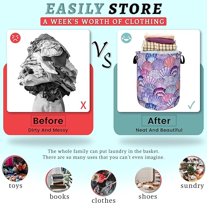 Watercolor Seashell Laundry Basket With Handles Oxford Cloth Tote Bag Colorful Laundry Hamper18.9"x16.5 "Foldable Clothe Storage Bucket Toy Organizer For Bathroom/Laundry/Bedroom