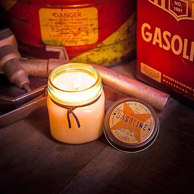 Gasoline Scented Candle 8 oz - Soy Aromatherapy Candle with Jar - Great Gift for Birthday, Anniversary, Christmas, New Year, House Warming and More - Four Points Trading Co.