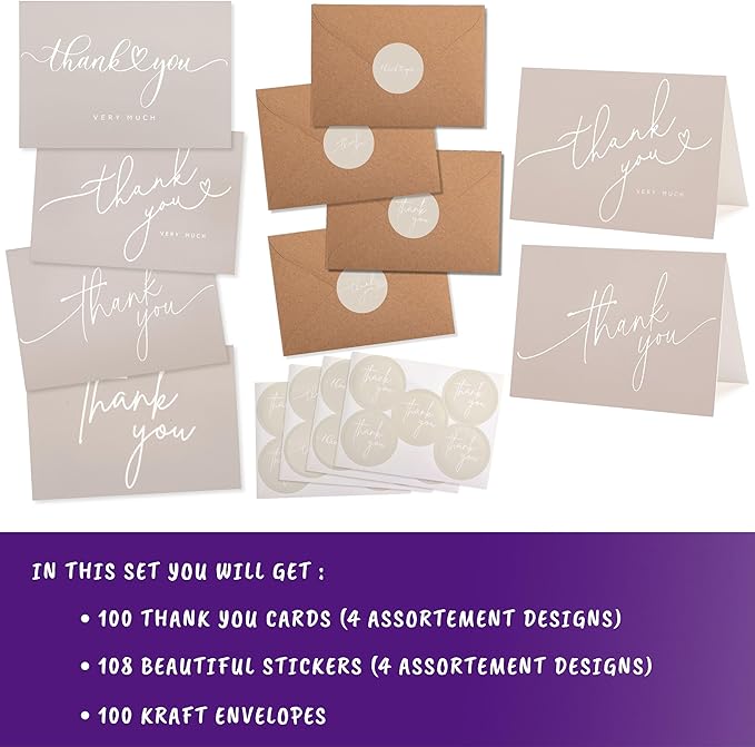 100 Bulk Khaki Thank You Cards with Kraft Envelopes and stickers - 4 Minimalistic Designs Blank Thank You Notes with Envelopes beige for business Wedding Bridal Gift Baby Shower Business Graduation
