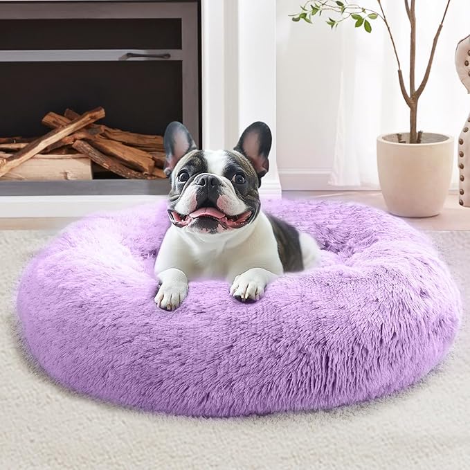 JOLLYVOGUE Small Dog & Cat Beds for Indoor Cats, Donut Cuddler Warming Soft Dog Beds with Anti-Slip Bottom, Round Calming Fluffy Plush Faux Fur Cushion Bed for Medium Dogs (31", Purple)