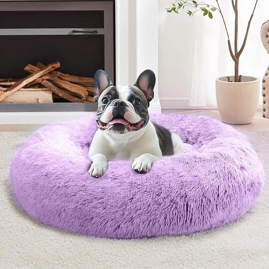 JOLLYVOGUE Small Dog & Cat Beds for Indoor Cats, Donut Cuddler Warming Soft Dog Beds with Anti-Slip Bottom, Round Calming Fluffy Plush Faux Fur Cushion Bed for Medium Dogs (31", Purple)