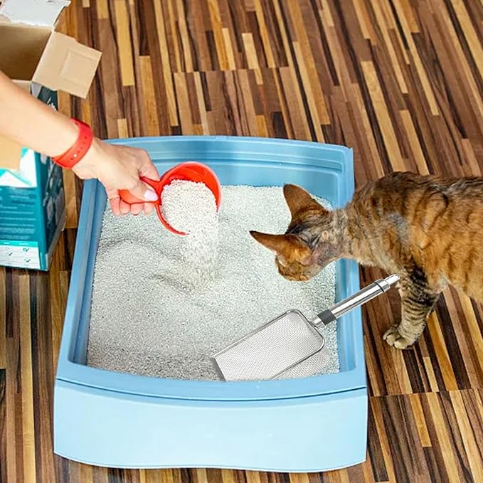 Integrated Metal Cat Litter Scoop, Stainless Steel Mesh Litter Scoop, Long Handle Cat Scooper, Poop Sifting Mesh Litter Deep Shovel, Cat Litter Scooper for Litter Box/Reptile Terrarium Sand Waste