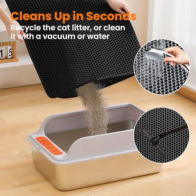Cat Litter Mat, 24x18 Inches Large Double Layer Honeycomb Cat Litter Trapping Mat, Non Slip Waterproof Urine Proof Cat Litter Box Mat for Floor, Kitty Litter Rug, Cat Supplies, Black