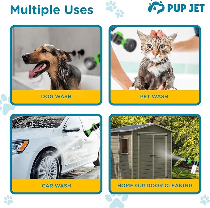 The Original Pup Jet Dog Washing Hose Attachment with Soap Dispenser – 8-in-1 Fur Sweep Shower Attachment & Shampoo Sprayer for Dog Wash, Bath, and Grooming Perfect Pet Care