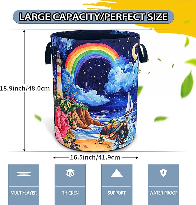 Beach Sea Turtle Laundry Basket Rainbow Lighthouse Foldable Waterproof Oxford Cloth Funny Tote Bag Laundry Hamper Clothes Storage Bucket Toy Organizer For Bathroom/Laundry Storage/Bedroom 18.9x16.5 In