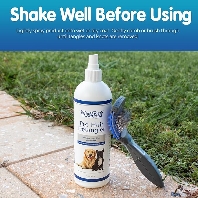 VLUEPET | Pet Hair Detangler Spray - Dematting and Conditioner Spray for Dog & Cat - Natural Ingredients, Paraben & Sulfate Free - Tangled & Dyes Remover - Aloe & Oatmeal Scent - Daily Use - 16 fl oz