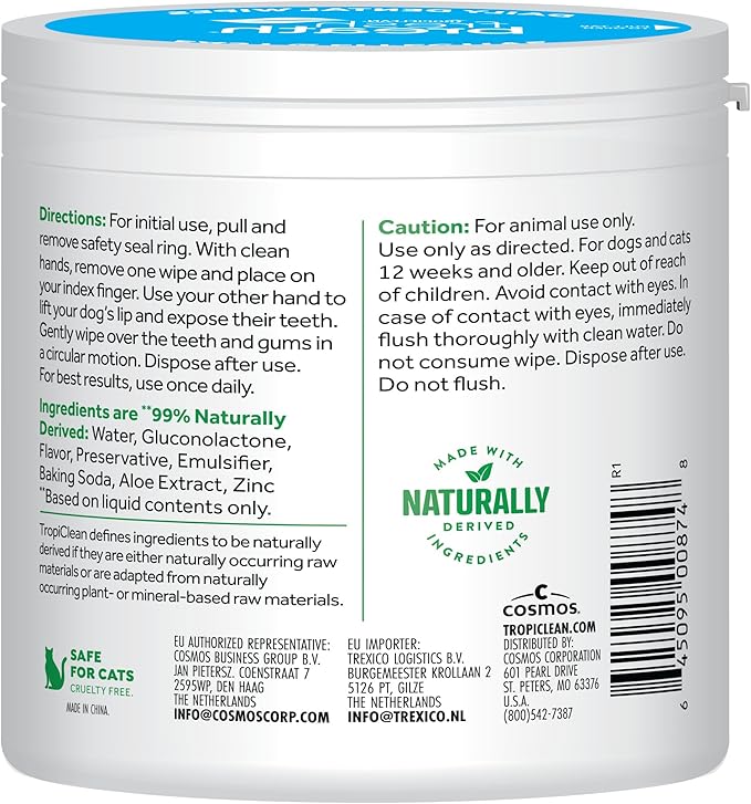 TropiClean Fresh Breath Dog Teeth Cleaning Dental Wipes, Finger Wipes for Plaque & Tartar Removal + Baking Soda, Easy to Use Dog Dental Care, 50ct