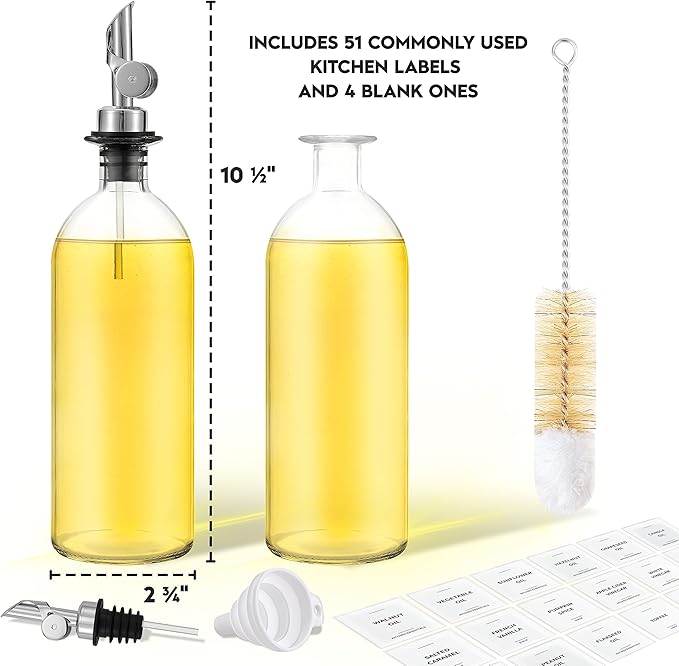 Olive Oil Dispenser Bottle - Includes 55 Kitchen Essential Labels - Cooking Oil Bottles for Kitchen, Coffee Syrup Dispenser - Pourer Spout with 16.9 fl oz Glass Container Cruet - 2pcs Silver