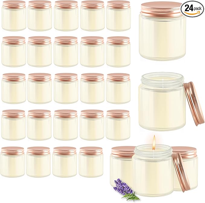 24 Pcs 4 Oz Mason Jar Candles, Lavender Scented Soy Candles Bulk Set for Stress Relief and Relaxation, Great Favors for Wedding, Christmas, Housewarming Gifts (Pink-Lavender, 24)