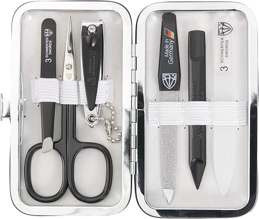 3 Swords Germany - Brand Quality 6 Piece Manicure Pedicure Grooming kit Set - Scissors, Metal and Glass Nail File, Clipper, Tweezers with Synthetic Leather case - White/Black Tools