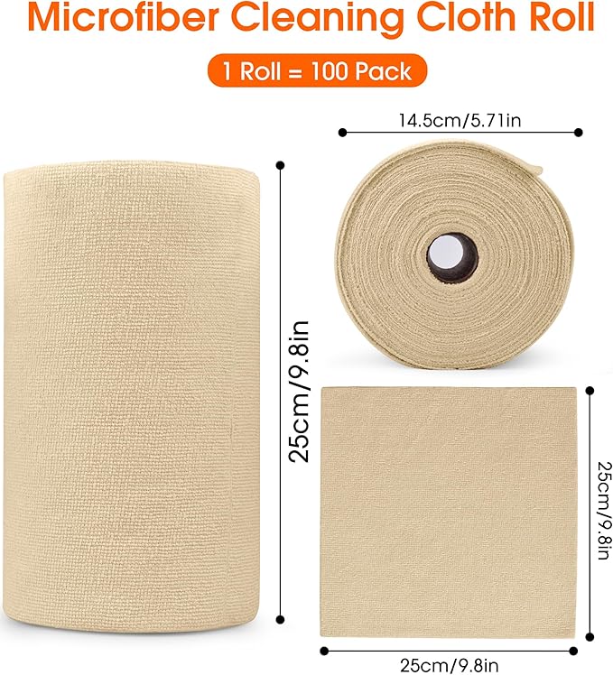 Roll of Microfiber Cleaning Cloth –100 Pack, Tear Away Microfiber Towels, Reusable, Washable, Scratch-Free, Kitchen Towels for Car, Home, Kitchen, Glass, Dishes(Wheat Beige)