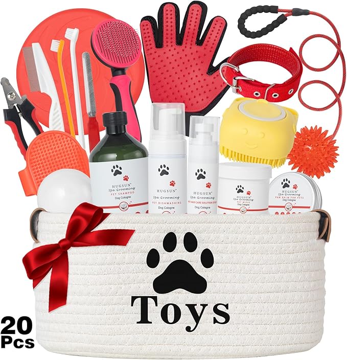 XXXL 20 Pieces Dog Gift Basket for Dogs, Pet Spa Gift Set with Shower Gel, Shampoo, Toys, Plush, Rubber, Rope, Training Toys, Birthday Gifts for Pet