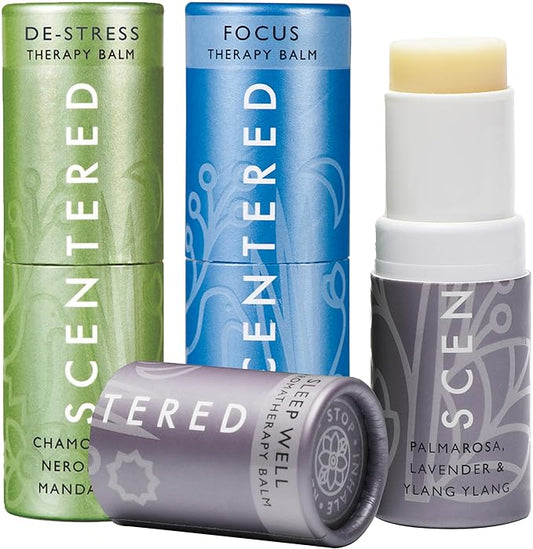 Scentered Aromatherapy Balm Gift Set - Calm & Confident - Pack of 3 Balms: Sleep Well, De-Stress, Focus - Rosemary, Cedarwood, Lavender Essential Oils - Aromatherapy Gifts for Women