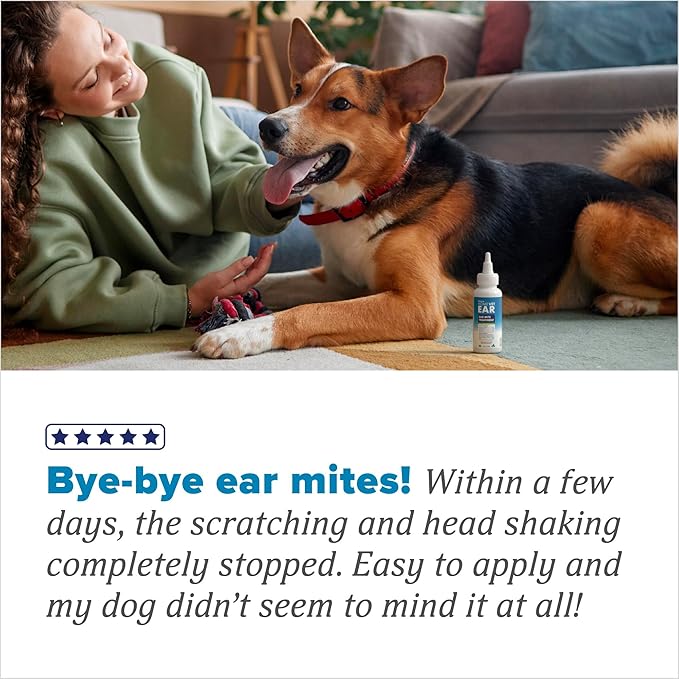 TropiClean HomeVet Dog Ear Cleaner, Ear Mite Treatment for Cats & Dogs, Ear Cleaning Solution Rinses on Contact, USA Made, 2 oz