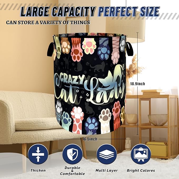 Watercolor Cat Paw Laundry Basket Foldable Funny Animal Cats Laundry Hamper With Handle Oxford Cloth Portable Clothes Storage Organizer Basket 18.9"x16.5"Laundry Bag For Laundry Room/Bedroom/Bathroom