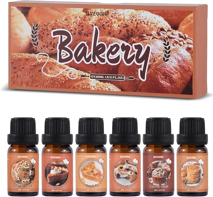 Bakery Fragrance Oils Set, AVEOIRA Sweet Essential Oil Set for Diffuser, Candle, Soap Making Scented Oils, Peach Pie, Pumpkin Pie, Snickerdoodle, Coffee Cake, Sugared Cookies, Gingerbread, 6x10ml