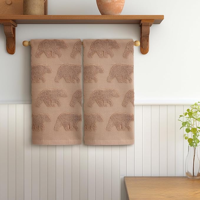 2 Pcs Bear Hand Towels for Bathroom, Brown Cabin Bear Woodland 100% Cotton Absorbent Jacquard Weave Decorative Towels for Bathroom Kitchen Decor Gift, 13.7 x 29.5 Inch