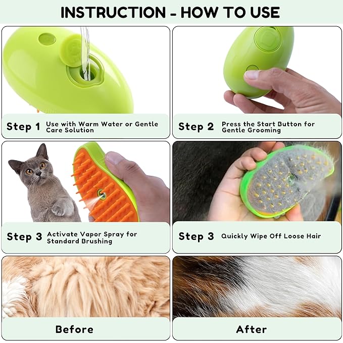 Cat Steam Brush for Shedding, Steamy Grooming Comb with Anti-Static Spray for Cats & Dogs, Gentle Defur Comb for Tangled & Loose Hair, Ergonomic Pet Mist Brush Design, Cepillo de Vapor para Gato Perro