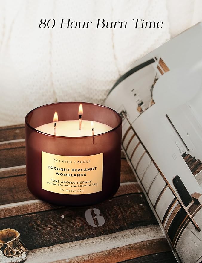 Coconut Bergamot Woodlands 3-Wick Soy Scented Candle, 15.8 oz - Clean Burn - Creamy Coconut, Bergamot & Balsam Woods - Large Aromatherapy Candle for Home Relaxation