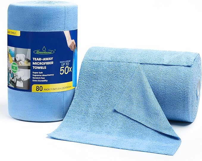 Greenfound Microfiber Cleaning Cloth Roll -80 Pack, 11.5x11.5, Tear Away Towels, Reusable and Washable Rags, Blue