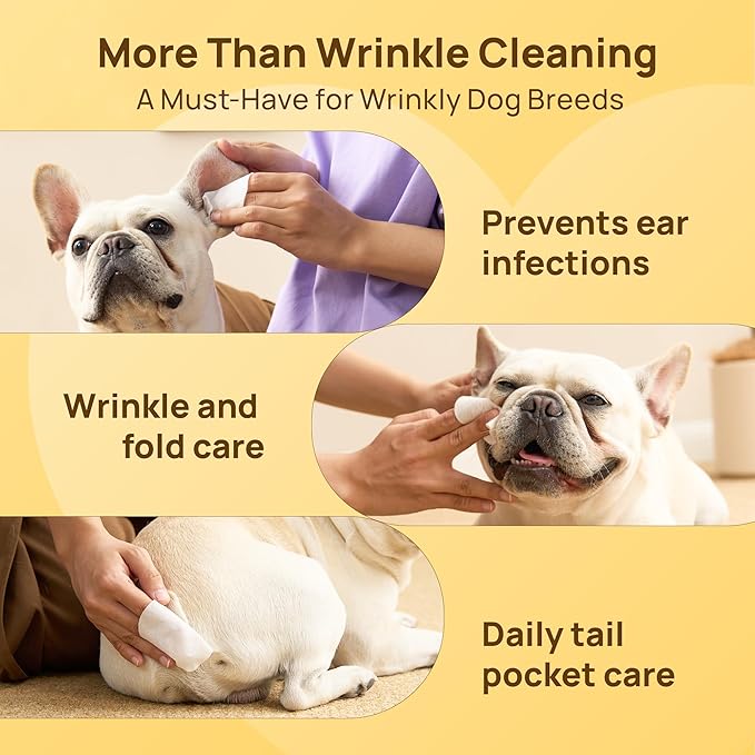 HICC PET Wrinkle Wipes, Vet-Recommended Dog Wipes Cleaning Deodorizing, Soothes Redness & Odor, Prevents Infections, Tear Stain Remover, Gentle for French Bulldogs, Pugs, English Bulldogs (100 Counts)
