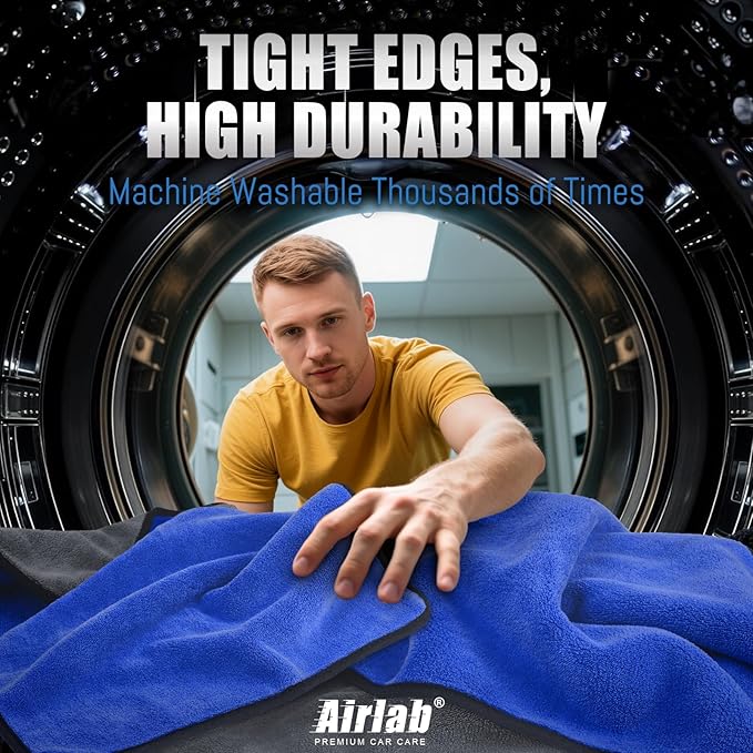 Airlab Microfiber Towels for Cars Wash Drying Thick Plush Cleaning Cloth Auto Detailing Super Absorbent for Interior & Exterior Lint Free, Streak Free, 16" X 16", 800 GSM, Pack of 4