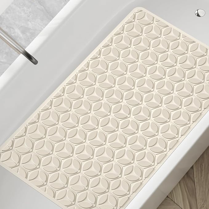 WRISIN Bathtub Mat Non Slip with Suction Cups - 100% Rubber Bathroom Mat Textured for Bath Tub Shower Safety - Soft on Touch - BPA/PVC Free - Pet Dog Bath Mat - Machine Washable - 16 × 28 Inch（Beige）