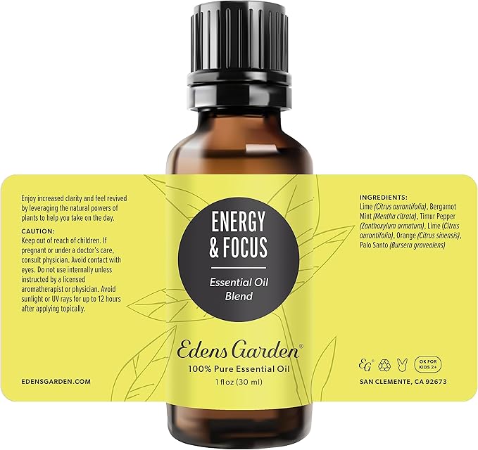 Edens Garden Energy & Focus Essential Oil Blend- 100% Pure Premium Grade, Undiluted, Natural, Therapeutic, Aromatherapy, The Best for Kid Safe, Humidifiers, Skin 30 ml (1 fl oz)