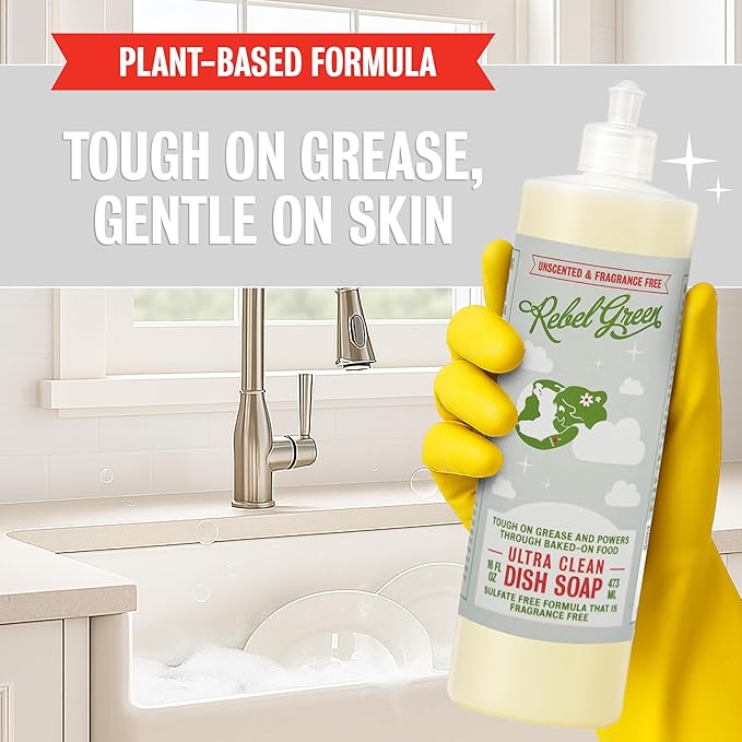 Rebel Green Super Deluxe Dish Soap - Natural Dishwashing Soap - Liquid Dish Detergent - Sustainable Dish Liquid Unscented - (16 oz Bottles, 2 Pack)