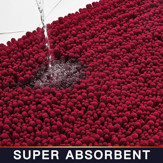 Walensee Bathroom Rug Non Slip Bath Mat (32x20 Inch Red) Water Absorbent Super Soft Shaggy Chenille Machine Washable Dry Extra Thick Perfect Absorbant Best Large Plush Carpet for Shower Floor