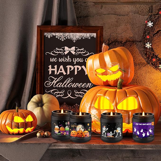 4 Pack Black Halloween Scented Candles -7oz Soy Wax Candles with Essential Oils (Rosemary, Vanilla, Gardenia, Lavender)