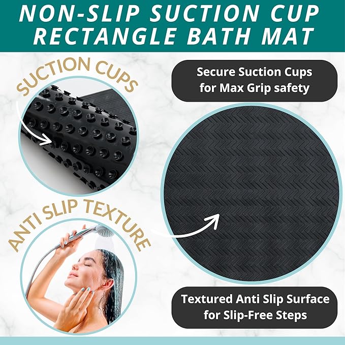 ENKOSI Non Slip Bath Mat for Tub and Shower Floors – Anti Slip Shower Mat with Secure Suction Cup Grip – Soft Black Bathtub Mat for Inside Tubs and Bathroom Shower Stalls (28x16 Black)