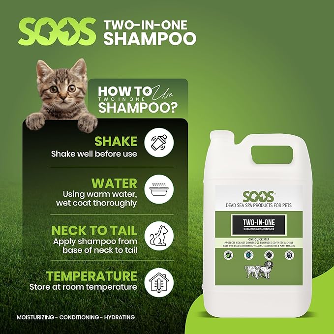 Soos Pets Two-in-One Shampoo Plus Conditioner for Dogs & Cats | 2-in-1 Natural Dead Sea Minerals | Cleansing & Moisturizing Formula | Gentle on Skin, Promotes Soft Shiny Coat - 4L