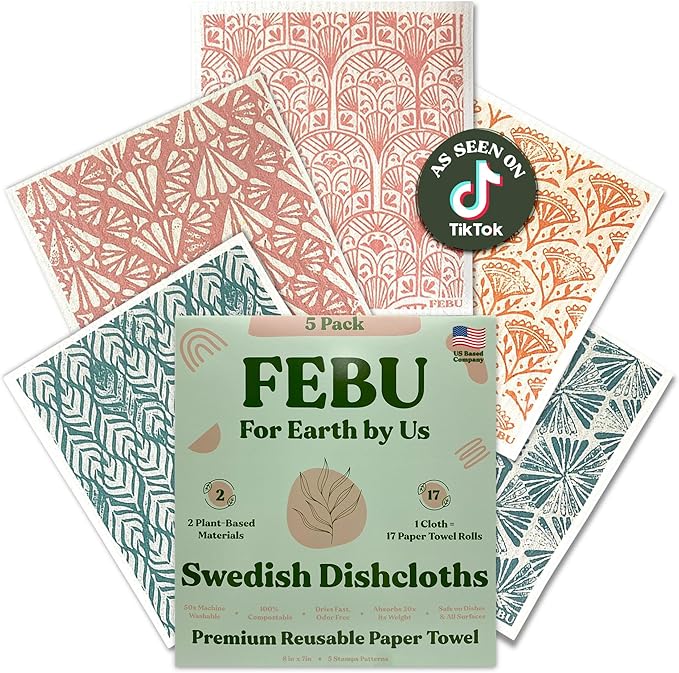 FEBU Swedish Dishcloths for Kitchen | 5 Pack Stamps Reusable Paper Towels Washable | Swedish Dish Towels | Non-Scratch Cellulose Sponge Cloths | No Odor, Biodegradable Cleaning Cloths