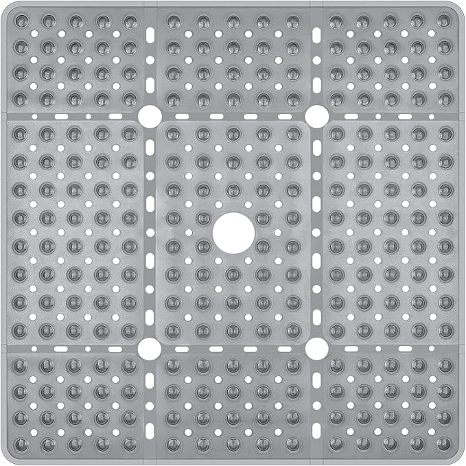Reetual XL Shower Mat Non Slip - 27x27 Bath Mat for Shower Stall or Large Bathtub Mat with 240 Powerful Suction Cups and Drain Holes. Black Shower Mats for Bathroom (Grey Mat)