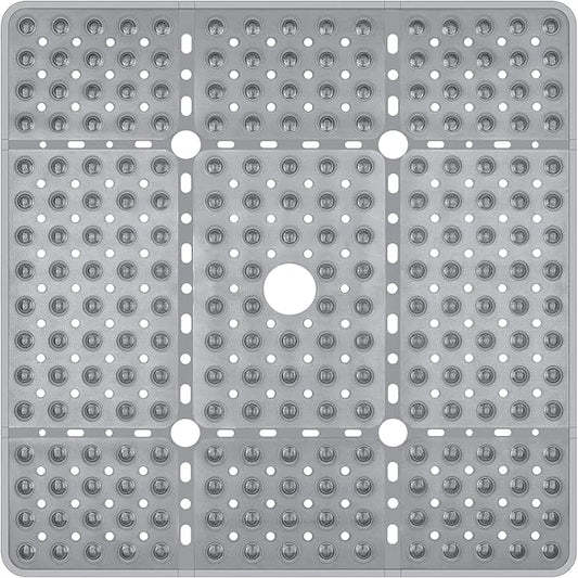 Reetual XL Shower Mat Non Slip - 27x27 Bath Mat for Shower Stall or Large Bathtub Mat with 240 Powerful Suction Cups and Drain Holes. Black Shower Mats for Bathroom (Grey Mat)