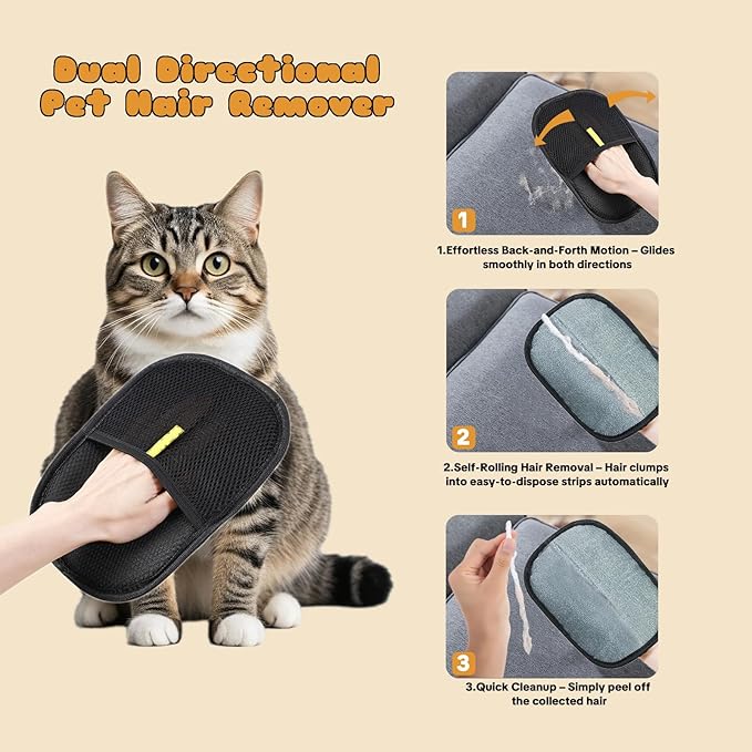 Pet Hair Removal Gloves for Cats & Dogs – Reusable Grooming Glove with Static Charge to Remove Fur from Furniture, Carpet, Car Seats & Clothes – Upgraded Pet Hair Remover Mitt(3PCS)