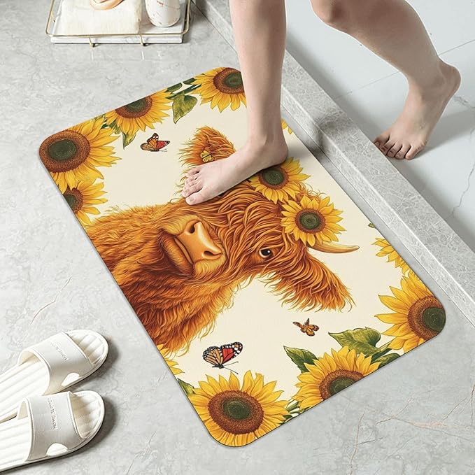 Highland Cow Bath mats Quick Dry Absorbent Bath Rugs Rubber Non Slip Bath Mat for Bathroom Floor Tub Shower Sink 16"×24"