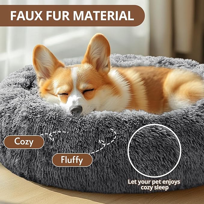 JOLLYVOGUE Small Dog & Cat Beds for Indoor Cats, Donut Cuddler Warming Soft Dog Beds with Anti-Slip Bottom, Round Calming Fluffy Plush Faux Fur Cushion Bed for Small Dogs (20", Smoke Black)