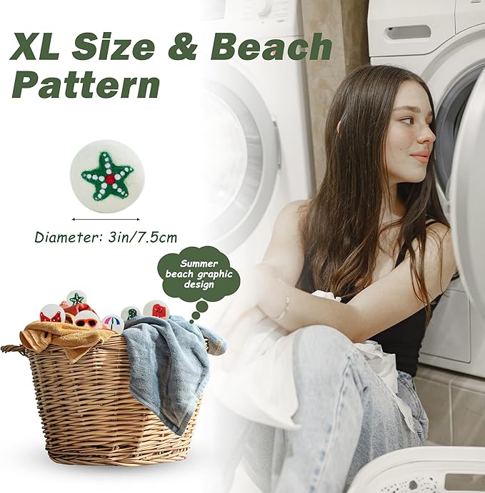 Wool Dryer Balls XL Size 6 Pack - Fun Dryer Balls with Beach Pattern Cute Dryer Balls Laundry Reusable Anti Static Handmade New Zealand Wool Balls (Beach Pattern)