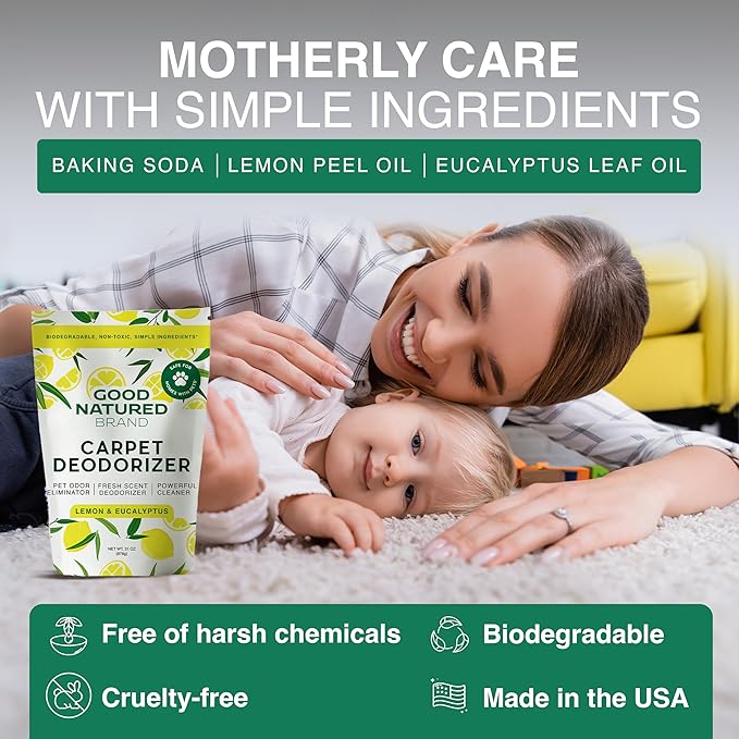 Good Natured Brand | Carpet Deodorizer & Freshener Powder | 31 oz Pet Odor Eliminator for Strong Odor & Pet Urine | Fresh Natural Lemon & Eucalyptus Scent | Safe for Homes with Pets