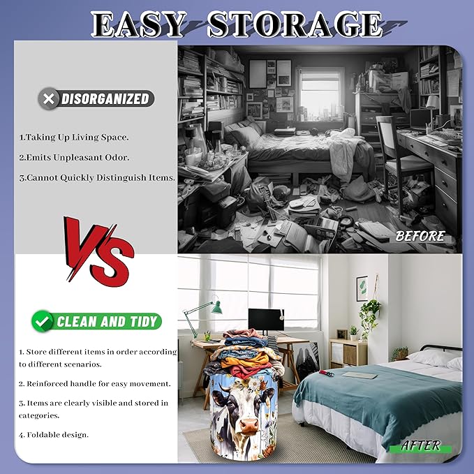 Cute Animal Cows Laundry Basket Foldable Colorful Flowers Laundry Hamper With Handle Oxford Cloth Portable Clothes Storage Organizer Basket 18.9"x16.5" Laundry Bag For Laundry Room/Bedroom/Bathrooms