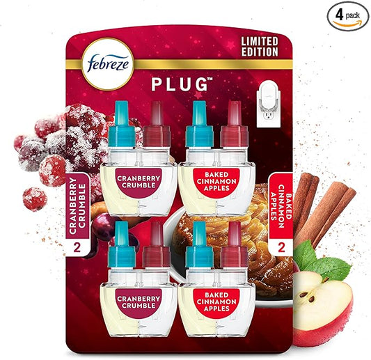 Febreze Odor-Fighting Fade Defy PLUG Air Freshener Baked Cinnamon Apple, Cranberry Crumble, .87 fl. oz. Oil Refill, 2 of Each