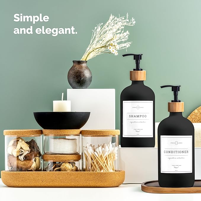 Vine Creations Glass Soap Dispenser Set - Kitchen Soap Dispenser Set with Tray - Bamboo Dish Soap and Hand Soap Dispensers Set for Bathroom - Black Kitchen Decor with Waterproof Labels