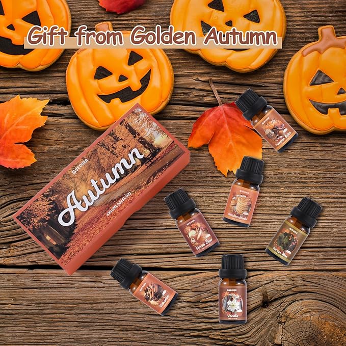 Autumn Fragrance Oils Set, AVEOIRA Fall Essential Oil Set for Diffuser, Candle, Soap Making, Pumpkin Spice, Forest Pine, Spiced Cider, Cinnamon, Vanilla, Snickerdoodle, Scented Oils, 6x10ml