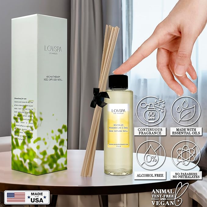 LOVSPA REVITALIZE Mandarin Lime & Basil Diffuser Oil - Essential Oils for Diffuser Refill & Air Freshener Room Spray - Long-Lasting & Natural Home Fragrance, Scented Oil for Diffusers, USA Made, 4oz